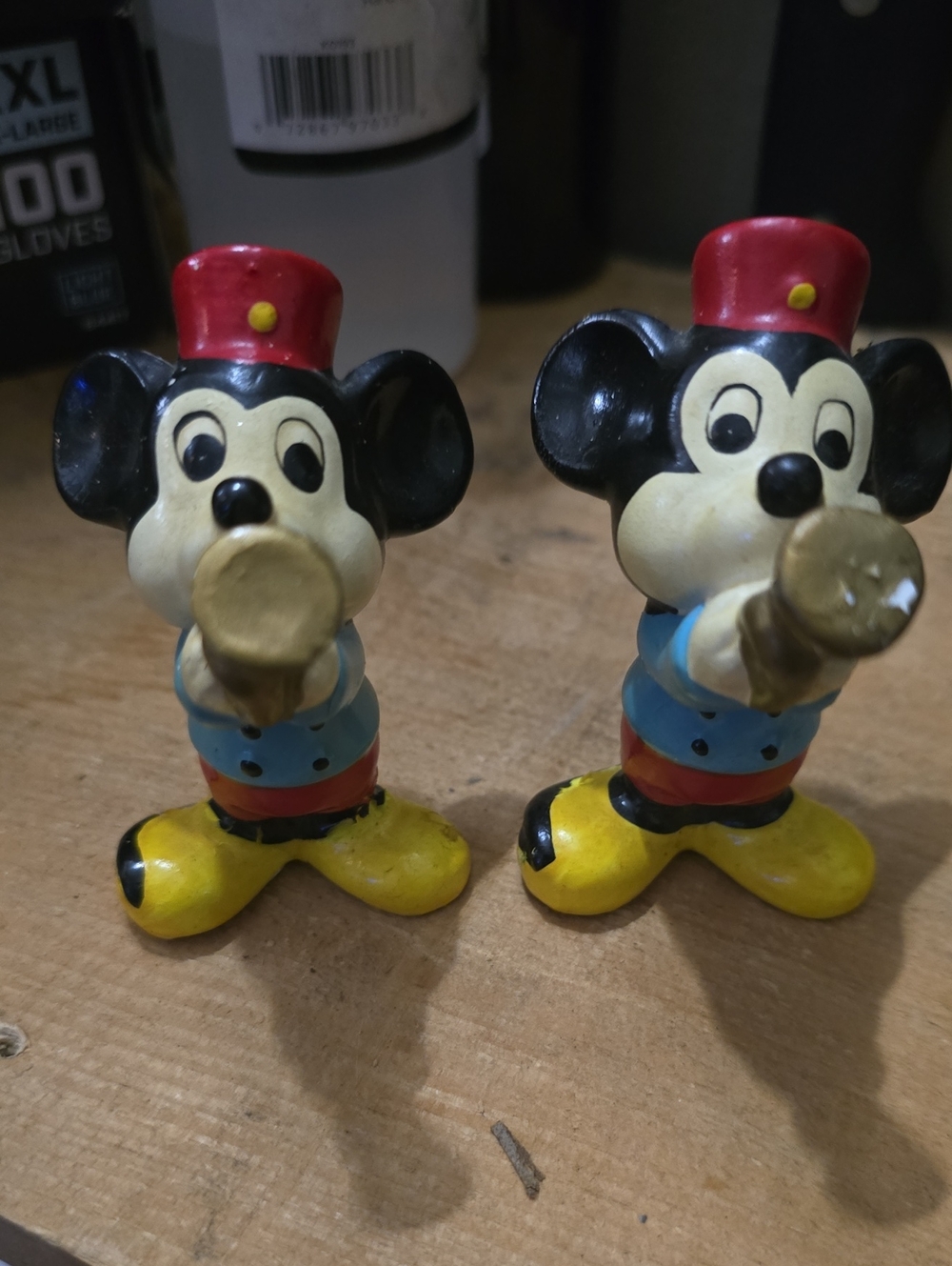 1970s Ceramic Mickey Toy Figurines in Black, Red, Yellow.